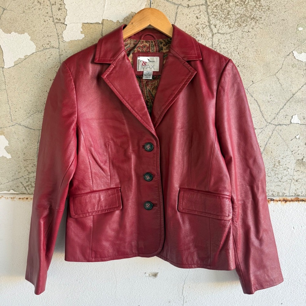 Vtg 90s Leather Jacket Red Blazer Paisley Lining Womens L Madison‎ & Max Classic